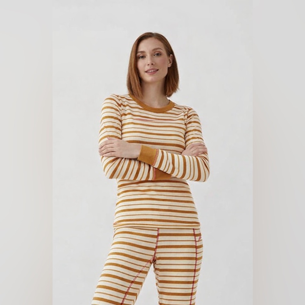 PACT Dream Bigger Striped Pajama Top Mustard Red Stitch S